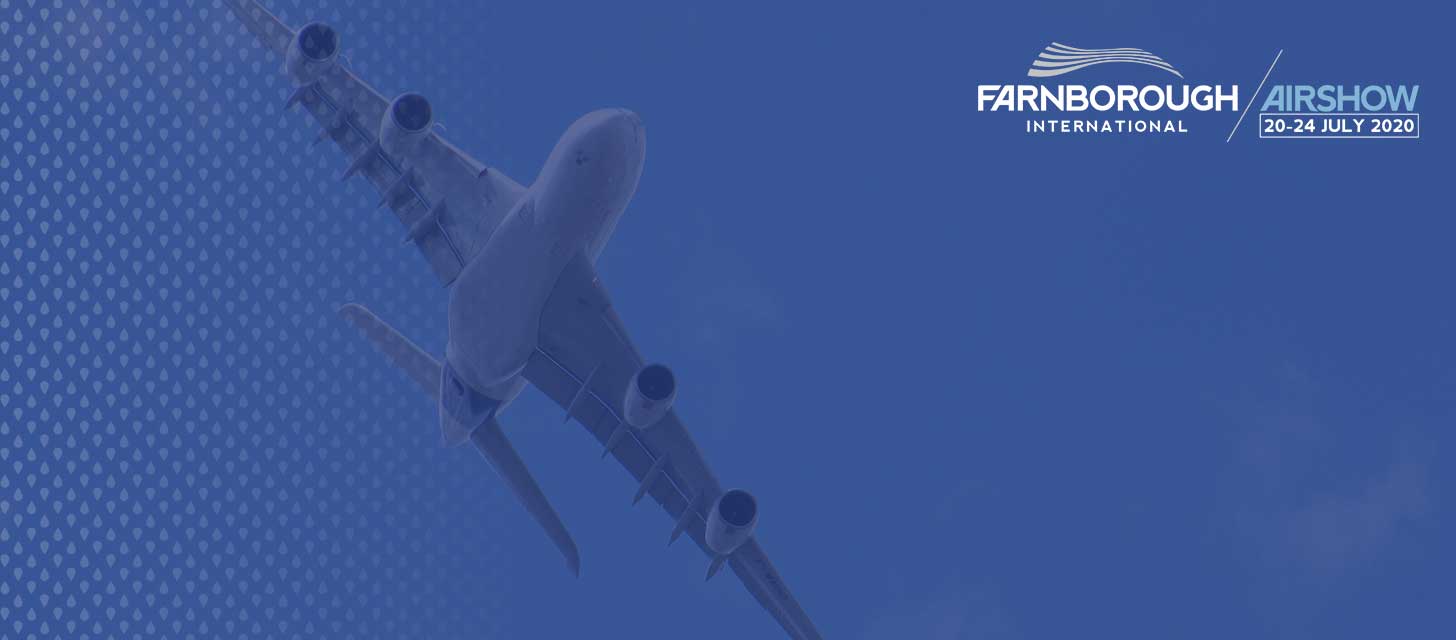 Passenger aeroplane flying with Farnborough International Airshow 2020 logo
